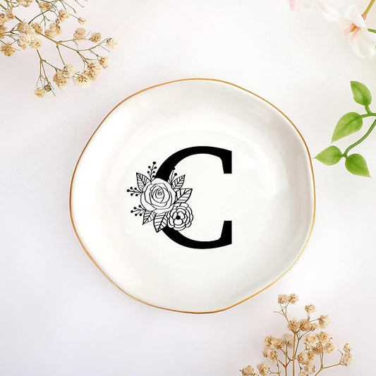 JoycuFF Initial C Ceramic Jewelry Tray, Bridesmaid Bride Gifts, Mothers Day Christmas Anniversary Engagement Birthday Gifts for Women Couples, Trinket Dish for Rings Earrings Necklaces Bracelets Keys