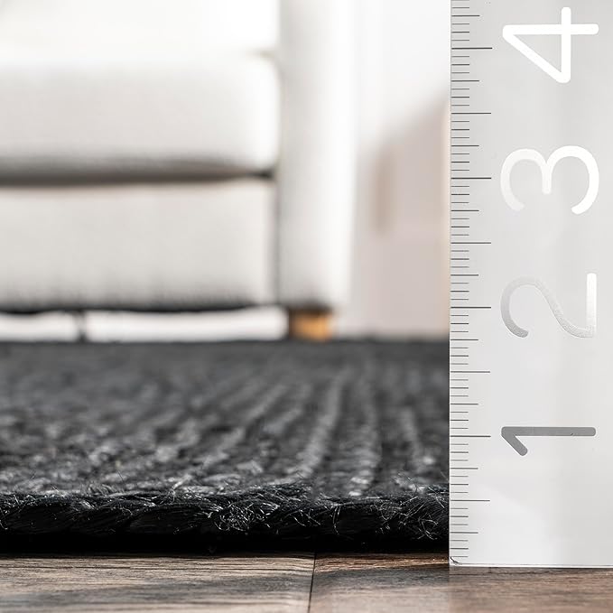 nuLOOM 4 Round Rigo Jute Hand Woven Area Rug, Black, Solid Farmhouse Design, Natural Fiber, For Bedroom, Living Room, Dining Room, Hallway, Office, Kitchen, Entryway