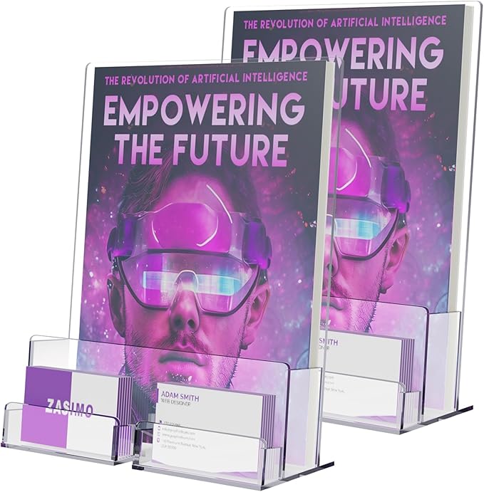 Acrylic Brochure Holder with Business Card Holder, 8.5"x 11", Clear Flyer Stands for Display, Ideal for Trade Show, Menu, Journals, Pamphlet, Magazine, Booklets, Literature (2-Pack Acrylic)