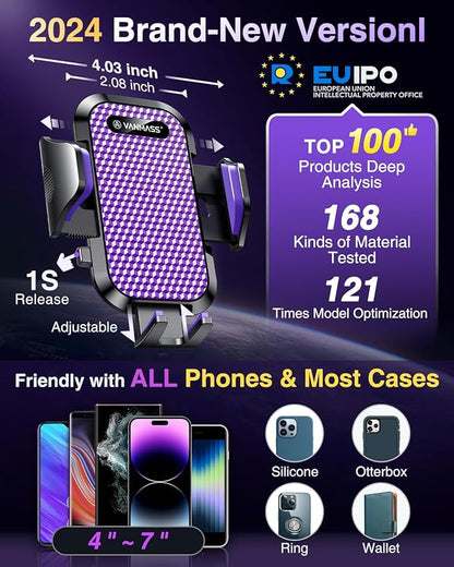 VANMASS [True Military-Grade] Car Phone Holder [Upgraded Suction & Clip] Cell Phone Mount for Dashboard Windshield Vent Truck Cradle Dash Stand for iPhone 16 Pro Max 15 14 13 12 Android, Purple