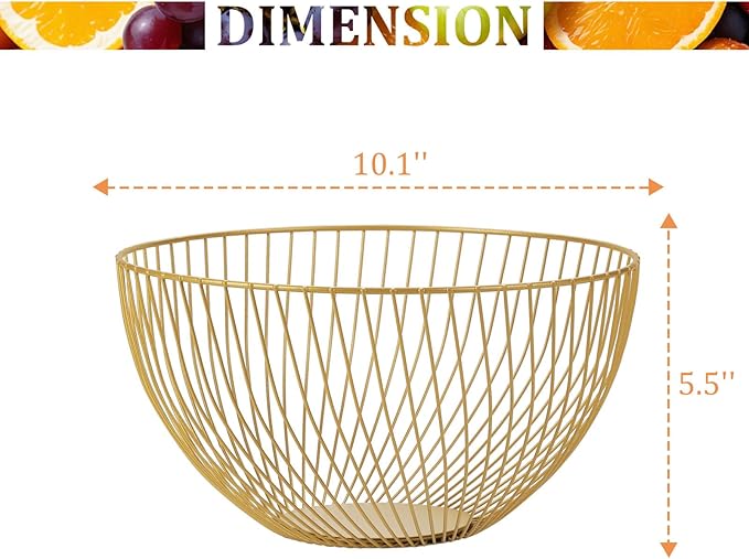 IBWell Gold Wire Fruit Basket Fruit Bowl Kitchen Fruit Basket Stand Fruit Bowls for the Counters Metal Fruit Bowl (Rount-Twill Large)