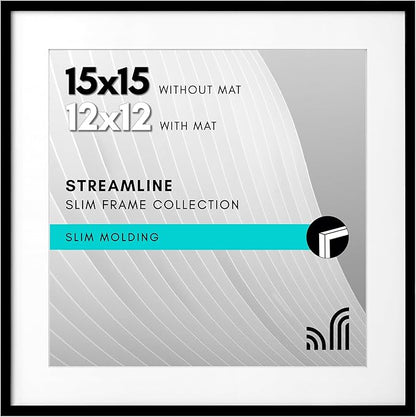 Americanflat 15x15 Picture Frame with Polished Plexiglass - Use as 12x12 Frame with Mat or Display 15x15 Photo Without Mat - Streamline Collection - Thin Border Square Frames for Wall Display - Black