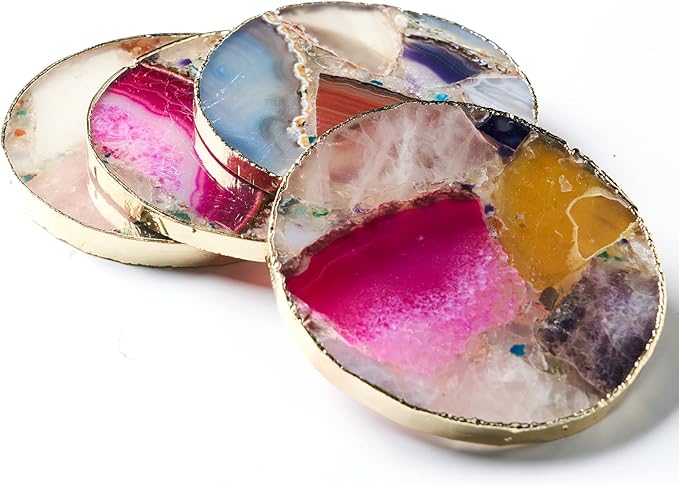 Rainbow Agate Coasters Set of 4, Natural Crystal Coaster for Drinks, Geode Gemstone with Gold Edge, Agate Slice Stone Coaster for Coffee Table, Wooden Table, Home Decor