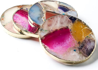 Rainbow Agate Coasters Set of 4, Natural Crystal Coaster for Drinks, Geode Gemstone with Gold Edge, Agate Slice Stone Coaster for Coffee Table, Wooden Table, Home Decor