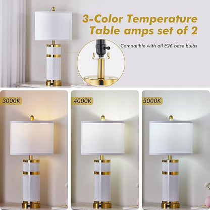 Ceramic White Gold-Plated Decorative 28" Table Lamps Set of 2 with E26 Socket&Rotary Switch,USB A+C Ports,Modern Bedside Lamps for Nightstand,Bedroom,Living Room,Decoration,Office(Bulbs in)