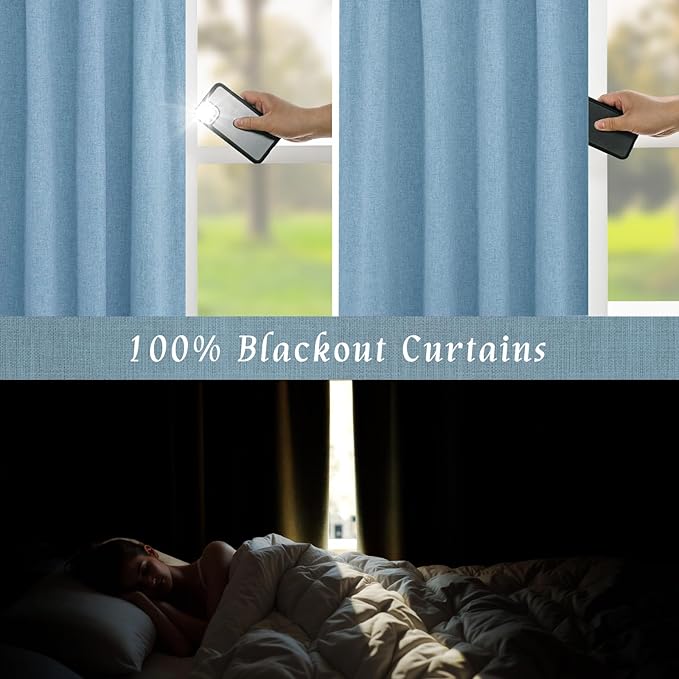 LAMIT Linen 100% Blackout Window Curtains for Bedroom, 45 Inches Linen Textured Thermal Farmhouse Curtains Back Tab and Rod Pocket Window Panels with White Liner, 2 Panels, 38 x 45 Inch, Blue