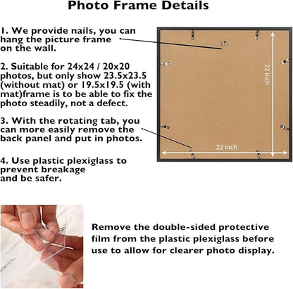 24x24 Picture Frame Set of 2 Black with 20x20 Mat, Display Photo 20x20 with Mat or 24 x 24 Without Mat, Wall Hanging Large 24x24 Poster Frame with Shatter Resistant Plexiglass, 2 Pack, Black
