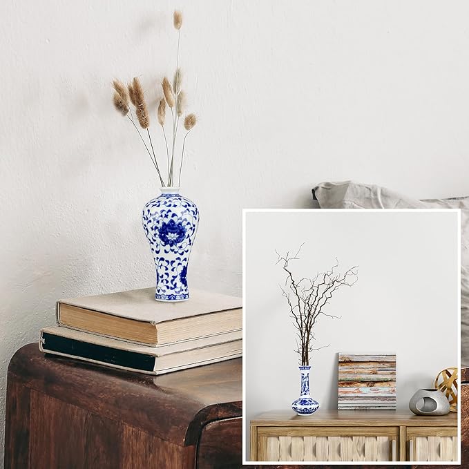 Dandat 8 Pcs Mini Chinoiserie Bud Vases Ceramic Blue and White Floral Chinese Porcelain Vase Set for Shelf Table Centerpieces Home Decor(Rustic)