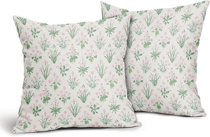 Pink Green Block Print Pillow Covers 16x16 Set of 2 Decorations Vintage Floral Throw Pillow Covers Decor Rustic Pillowcases Flower Pattern Farmhouse Soft Cozy for Sofa Bed Chair Home Decorative
