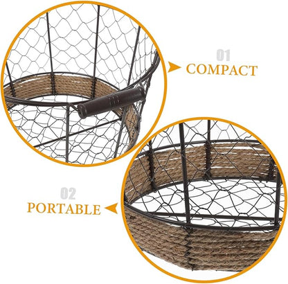 Happyyami Iron Wire Storage Basket with Handle Decorative Round Metal Basket for Home Office and Kitchen Vintage Design for Fruits Vegetables and Sundries 1-Pack