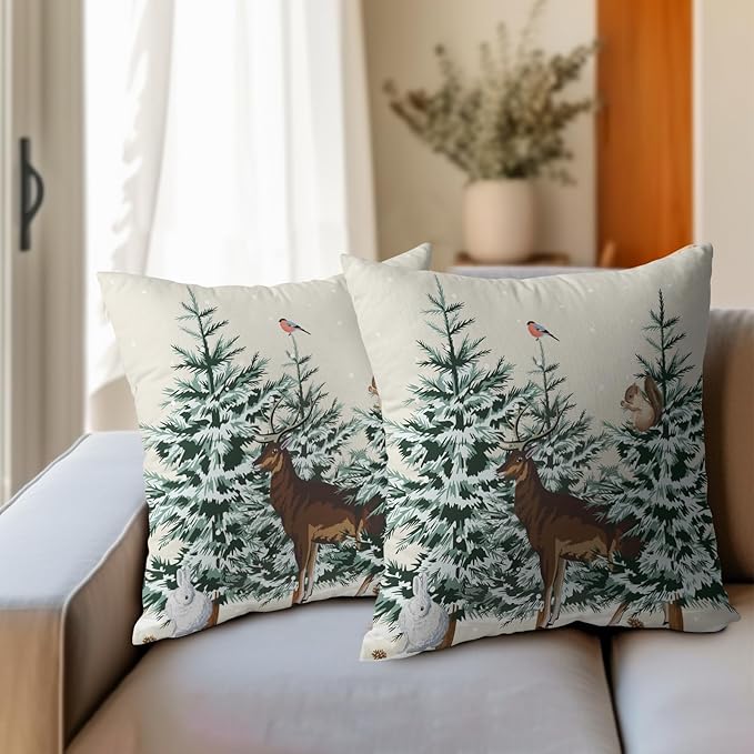 Christmas Tree Pillow Covers 20x20 Set of 2 Deer Animal Print Decorative Outdoor Dark Green Xmas Throw Pillow Cases Rustic Snow Winter Holiday Decoration Farmhouse Sofa Couch Cushion Cover Bed Decor