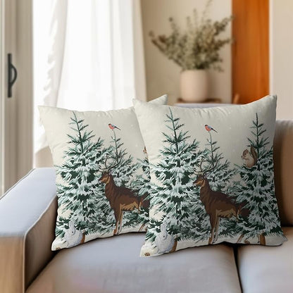 Christmas Tree Pillow Covers 20x20 Set of 2 Deer Animal Print Decorative Outdoor Dark Green Xmas Throw Pillow Cases Rustic Snow Winter Holiday Decoration Farmhouse Sofa Couch Cushion Cover Bed Decor