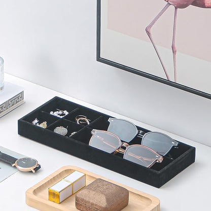 2Pcs Desk Drawer Storage Tray, Nightstand Organizer Tray, Necklace Bracelet Ring Earring Jewelry Display Tray, Grid Table Organizer Holder Tray for Sunglass, Phone, Watch, Perfume (6 grid)/Black