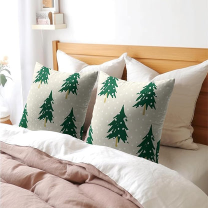 Christmas Tree Pillow Covers 20x20 Set of 2 Green Beige Xmas Snow Pattern Rustic Decorative Outdoor Farmhouse Zipper Pillowcases Decorations Winter Holiday Throw Cushion Cover Decor for Couch Sofa Bed