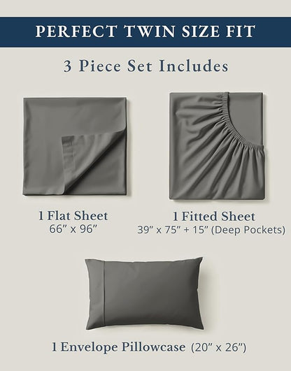 LANE LINEN 100% Organic Cotton 3Pc Bed Sheets Twin Size, Classic Percale Weave, Soft & Comfy Fully Elasticized Naturally Cooling Cotton Sheets, Low Pill Machine wash Twin Sheet Set- Charcoal