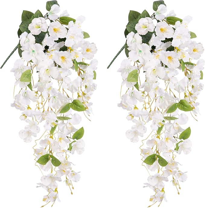 Fake Hibiscus Artificial Hanging Flowers Plants for Outdoors Spring Decoration, 4pcs Silk Hibiscus Vines Realistic UV Resistant White Faux Flowers for Outside Planter Porch Patio Yard Wedding Party
