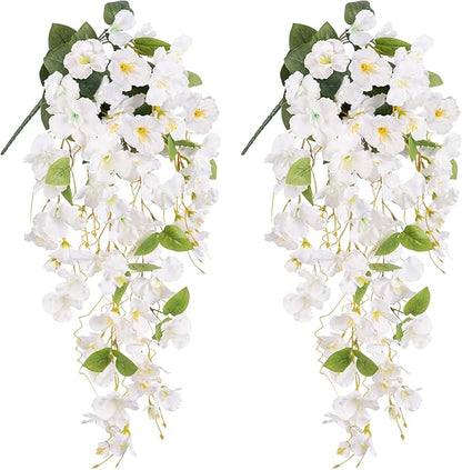 Fake Hibiscus Artificial Hanging Flowers Plants for Outdoors Spring Decoration, 4pcs Silk Hibiscus Vines Realistic UV Resistant White Faux Flowers for Outside Planter Porch Patio Yard Wedding Party