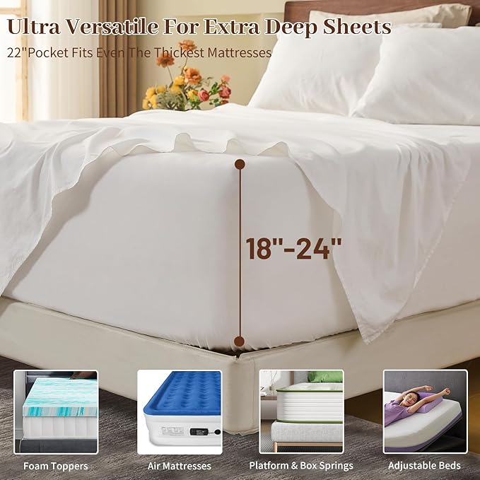 MEISHANG 100% French Pure Linen Sheets Queen Size - Extra Deep Pocket Sheet Set, Soft Durable Flax Linen, Anti-Tear Breathable & Oeko-Tex Certified 18-24 Deep Pocket,All Season(White)