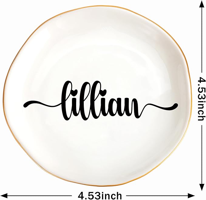 JoycuFF Lillian Personalized Name Ceramic Tray, Mothers Day Christmas Anniversary Engagement Birthday Gifts for Women Couples, Trinket Dish for Rings Earrings Necklaces Bracelets Keys