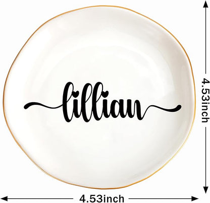 JoycuFF Lillian Personalized Name Ceramic Tray, Mothers Day Christmas Anniversary Engagement Birthday Gifts for Women Couples, Trinket Dish for Rings Earrings Necklaces Bracelets Keys