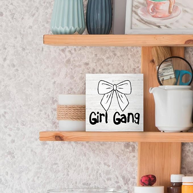 Coquette Trendy Bow Wood Box Sign Desk Decor, Preppy Girl Gang Decor, Girly Balletcore Wooden Block Sign Decorations for Home Girly Bedroom College Dorm Living Room Wall Tabletop Shelf Decor