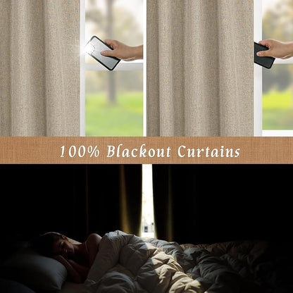 LAMIT Linen 100% Blackout Window Curtains for Bedroom, 45 Inches Linen Textured Thermal Farmhouse Curtains Back Tab and Rod Pocket Window Panels with White Liner, 2 Panels, 52 x 45 Inch, Taupe