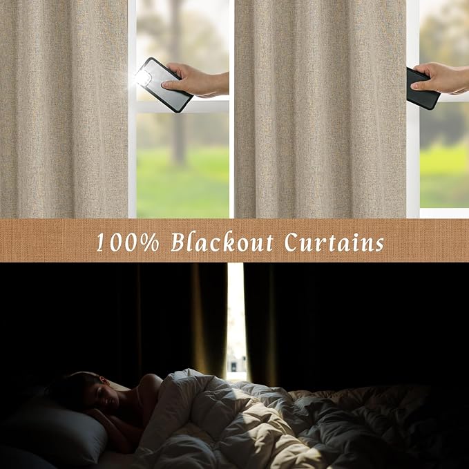 LAMIT 100% Blackout Linen Curtains, 84 Inch Linen Textured Living Room Farmhouse Curtains Room Darkening Back Tab and Rod Pocket Neutral Panels with White Liner, 2 Panels, 38 x 84 Inch, Taupe