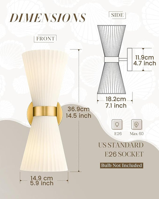 Gold Sconce Wall Lighting, HWH Single Wall Vanity Light Fixture Brushed Gold Wall Sconce Lamp, Modern Indoor Up Down Wall Light with Frosted Milk White Striped Glass Shade, 5HZG97B-2W BG