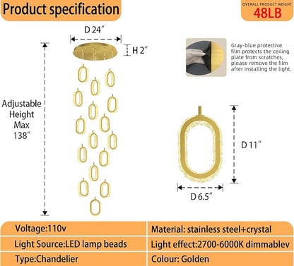 Modern Gold Ring Chandelier for High Ceiling Long Stair Chandeliers for Foyer LED Crystal Ring Drop Chandelier Dimmable 2700K-6000K 16-Light