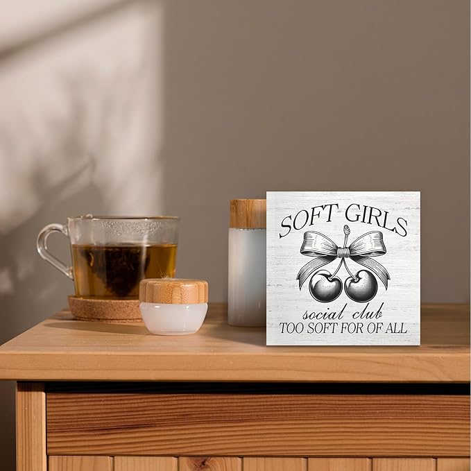 Coquette Cherry Bow Girl Wood Box Sign Desk Decor, Cute Trendy Pink Decor, Coquette Party Wooden Block Sign Decorations for Home College Dorm Apartment Girl Room Wall Tabletop Shelf Decor