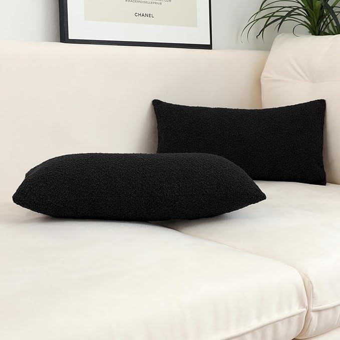 Jeneoo Black Decorative Lumbar Thick Throw Pillow Covers Fine Textured Boucle Couch Cushion Case for Sofa Decor, Set of 1, 14 x 36 Inch