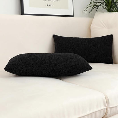 Jeneoo Black Decorative Long Lumbar Thick Throw Pillow Covers Fine Textured Boucle Couch Cushion Cases for Sofa Decor, Set of 1, 14 x 26 Inch