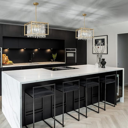 LMQNINE Modern Foyer Chandelier, Gold Crystal Chandelier Entryway Pendant Light Fixture, Square Adjustable Height Chandeliers for Kitchen Island, L15.74'' x H9.84''