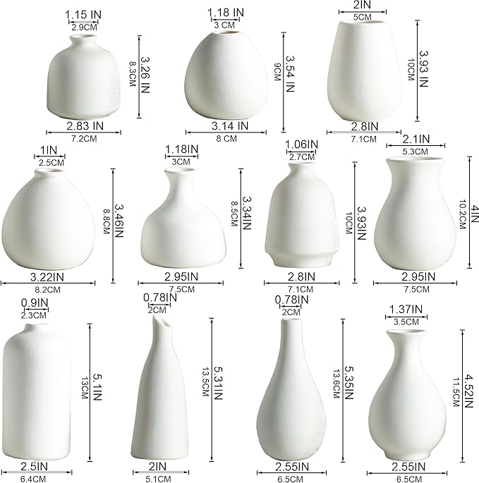 Tanvecle White Ceramic Bud Vase Set of 11, Small Vases for Pampas Grass, Flowers, Mini Vases for Modern Home Decor, Minimalist Decor, for Living Room, Dining Table & Shelves