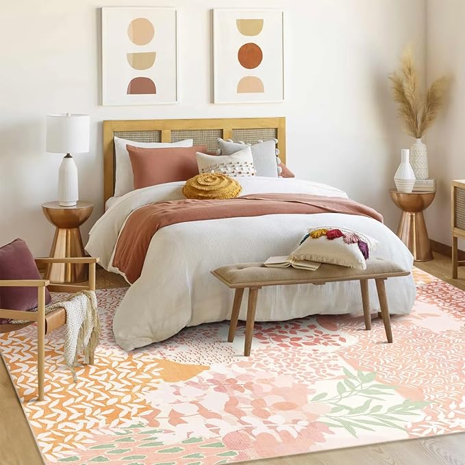 DEXDE 8x10 Area Rug, Soft Washable Abstract Area Rugs Non-Slip Vintage Boho Rug Leaves Floral Print Carpet for Living Room Bedroom Office Dining Room Playroom, Pink