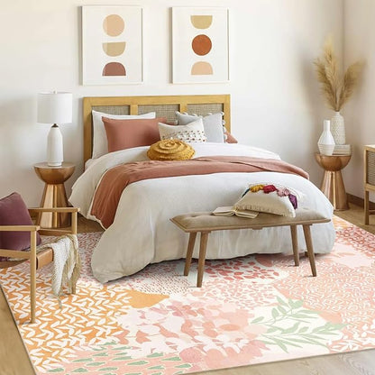 DEXDE 8x10 Area Rug, Soft Washable Abstract Area Rugs Non-Slip Vintage Boho Rug Leaves Floral Print Carpet for Living Room Bedroom Office Dining Room Playroom, Pink
