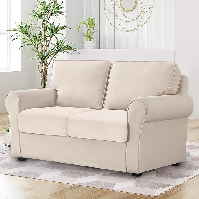 Couch Cushion Cover Velvet 2 Pieces Seat Cushion Cover Stretch LoveSeat Couch Covers Separate Sectional Sofa Slipcovers Furniture Protector (2-Seater or Backrest, Beige)
