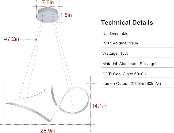 Contemporary Chandelie, LED Pendant Light with Irregular Rings, Not Dimmable 6000K Cool Light, Adjustable Pendant Light for Living Room, Dinning Room, Bed Room, Kitchen, Restaura