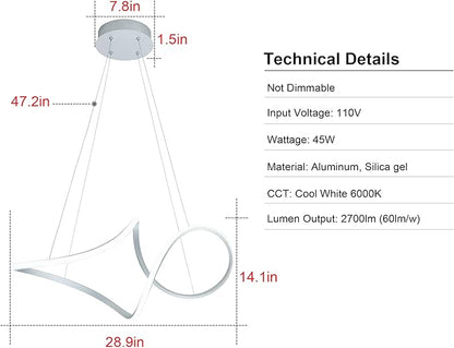 Contemporary Chandelie, LED Pendant Light with Irregular Rings, Not Dimmable 6000K Cool Light, Adjustable Pendant Light for Living Room, Dinning Room, Bed Room, Kitchen, Restaura