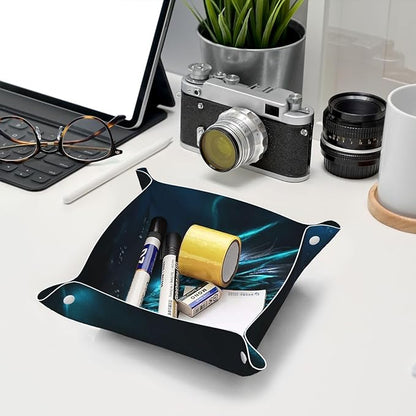 Valet Tray for Men Husband Boyfriend Boys – Catchall Bedside Vanity Tray, Nightstand Caddy Leather Holder for Keys, Phone, Wallet, Coins, Trinkets & Jewelry Cool Blue Dragon 018