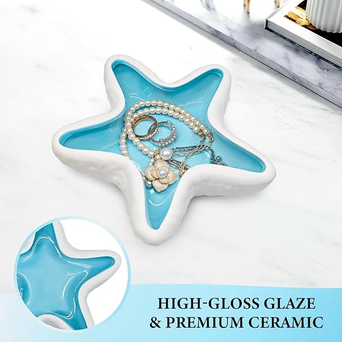 Starfish Jewelry Dish Ceramic Trinket Tray - Ocean Themed Ring Holder for Earrings, Necklaces, Beach & Bathroom Organizer with Glossy Glaze, Coastal Room Decor Gift for Women