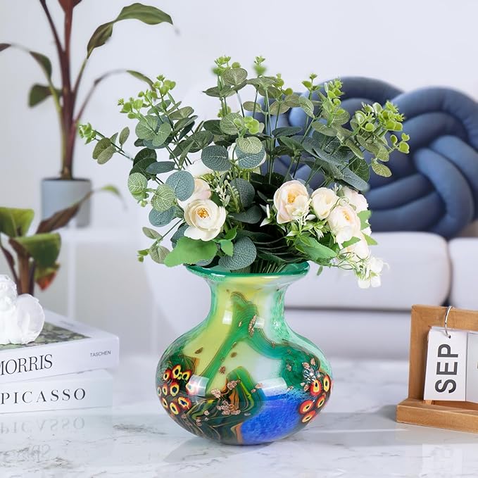 Glass Vases for Flower, Unique Hand Blown Green Glass Vase, Modern Art Decorative for Home Living Room, Office, Table centerpieces, Bookshelves and Wedding Decorations (JG67)