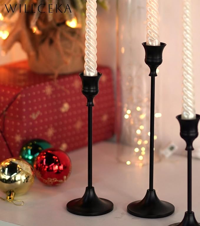 Willceka Black Candlestick Holders, Taper Candle Holders, Set of 3 Matte Black Candle Holder Set, Vintage Table Centerpiece for Wedding Christmas Holiday