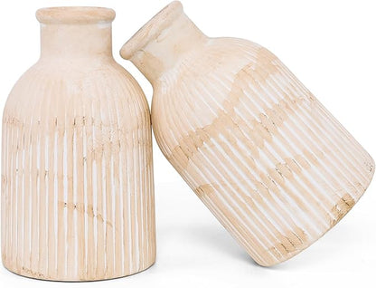 White Ceramic Vase Set of 2 – Modern Farmhouse Decorative Vases for Home, Kitchen, Living Room, Bedroom, Office, Bathroom & Shelf Table Centerpieces