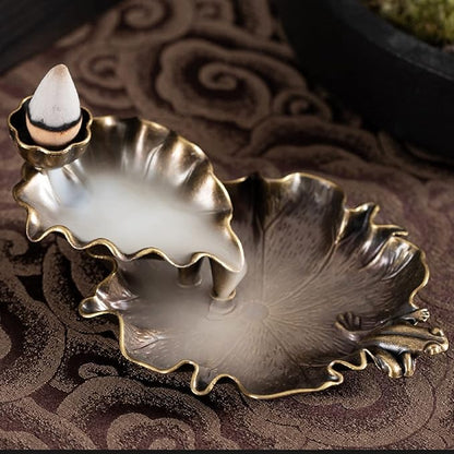 Waterfall Incense Cone Holder Lotus and Frog Bronze Backflow Insense Burner Metal Incense Holder Aromatherapy Ornament Home Decoration
