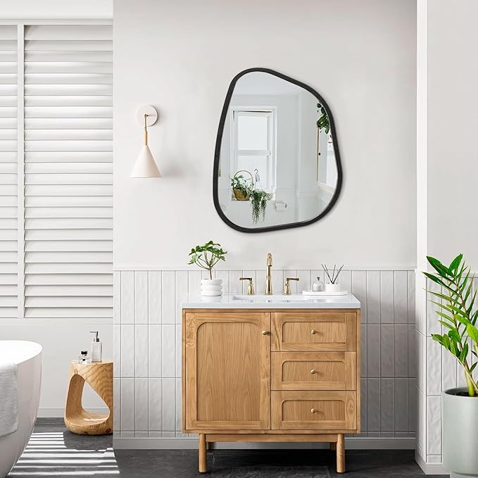 Asymmetrical Mirror Large 20"x16" Irregular Oval Wall Mirror Modern Wood Frame Unique Shape Wall Mounted Vanity Artistic Mirror Decorative for Living Room Bedroom Bathroom Entryway Hallway