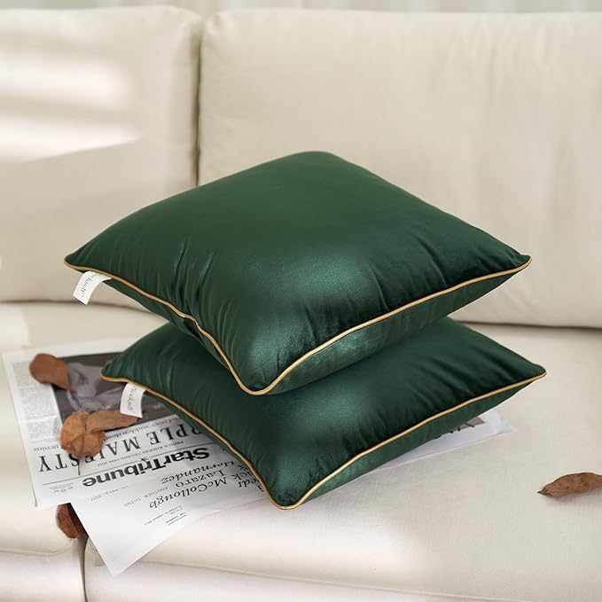 Aeckself Pack of 2 Green Velvet Pillow Covers 20 x 20 Inch, Modern Luxury Decorative Pillowcase with Gold Trim Edge, Comfortable Soft Solid Cushion Case for Couch Bedroom Living Room