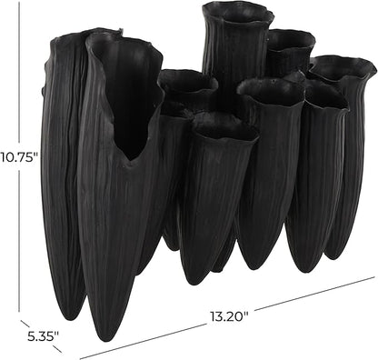 Deco 79 Ceramic Abstract Decorative Vase Floral Inspired 10 Openings Centerpiece Vase with Linear Grooves, Flower Vase for Home Decoration 13" x 5" x 11", Black