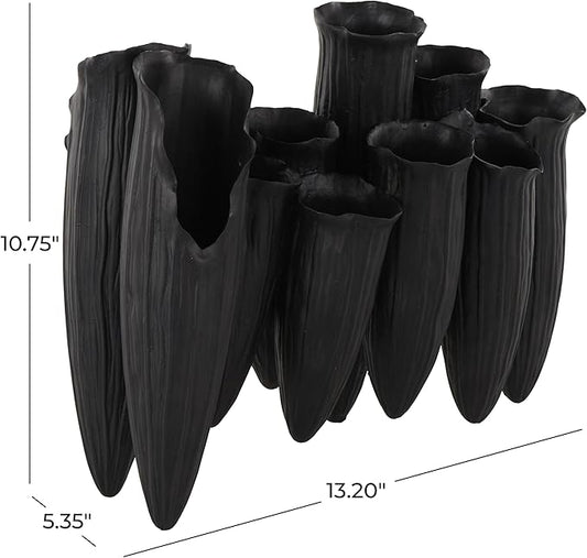 Deco 79 Ceramic Abstract Decorative Vase Floral Inspired 10 Openings Centerpiece Vase with Linear Grooves, Flower Vase for Home Decoration 13" x 5" x 11", Black