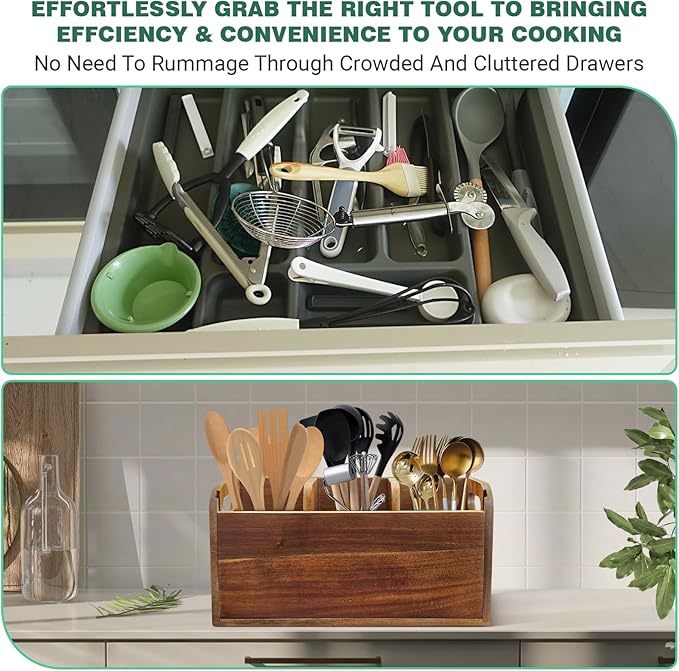 Acacia Wood Utensil Holder Kitchen Utensil Holder with 3 Compartments Cooking Spatula Organizer Large Cutlery Organizer for Kitchen Countertop Farmhouse Kitchen Decor